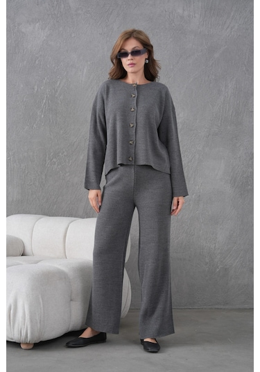 Kadın Bisiklet Yaka Düğme Kapama Kaşkorse Ceket Pantolon İkili Triko Takım Antrasit