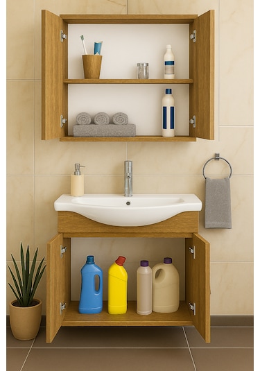 Nova 80 Cm Mdf Ahşapi, Oval Seramik Lavabo, Banyo Dolabı Takımı Ahşap