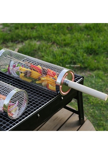 Vkemall 304 Çelik Kaydırmalı Barbekü Kafesi Dışarıda Bbq İçin Ahşap Saplı, Eşit Pişirme, Çatal Ve Kanca İle Zengin Set Gümüş