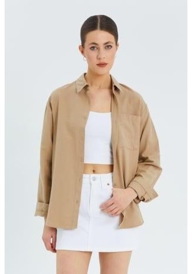 9942 Kadın Oxford Uzun Kol Basic Gömlek Bisküvi Bisküvi