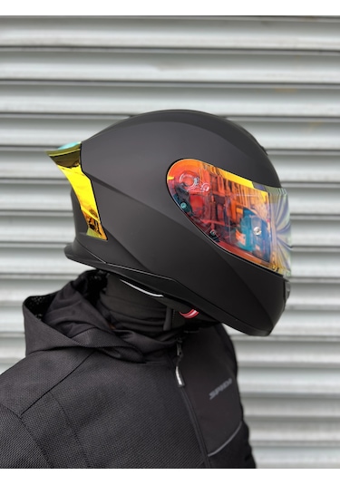 Rivox R1 Mat Siyah Revo Kapalı Kask Gold Vizörlü Mat Siyah