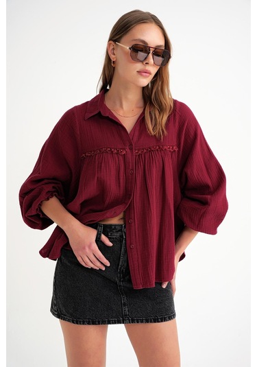 4677 Kadın Dantel Detaylı Müslin Gömlek Bordo Bordo