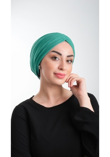 Petrol Yeşili Pratik Hazır Geçmeli Tesettür Bone Fukuro Simli Büz Çok Renkli