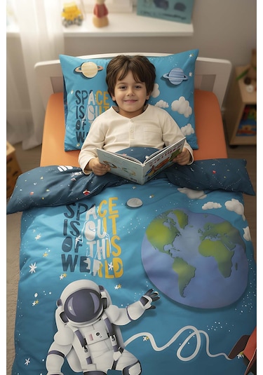 Little Astronot %100 Pamuklu Junior Tek Kişilik Nevresim Takımı Çok Renkli