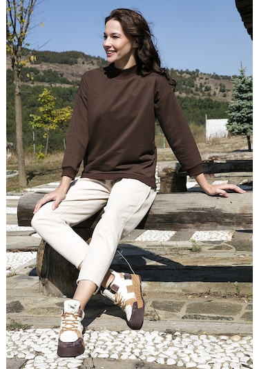 Lela Pamuklu Dik Yaka Basic Örme Bayan Sweat 5863323 Kahve