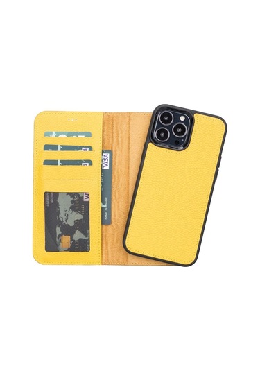Apple İphone 13 Pro Max Uyumlu Deri Cüzdanlı Kılıf Fl12 Sarı