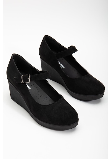 Baretli Suni Deri Siyah Süet Kadın Dolgu Taban Ayakkabı-3104-siyah Desenli Siyah