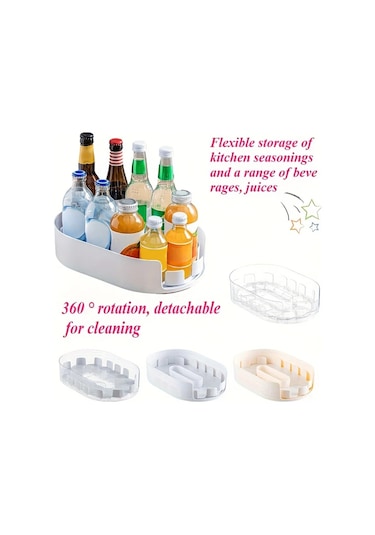 Honeybeeshop Bej Şeffaf Plastik Mutfak Depolama Tepsisı 360 Dönen Ayrılabilir Çok Bölmeli Raf Bej