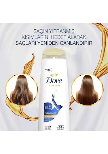 Dove Ultra Care Saç Bakım Şampuanı Yoğun Onarıcı Yıpranmış Saçlar İçin 600 Ml X3