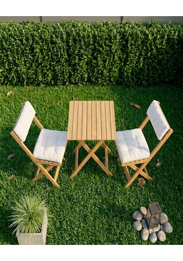 Duo Balkon Bahçe Mutfak Katlanır Masa Bej Rengi Minderli Sandalye Bistro Set Bej - Krem