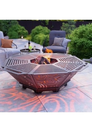 Oktagon Ateş Çukuru Izgaralı Sekizgen Barbekü Bahçenize Dekoratif Siyah