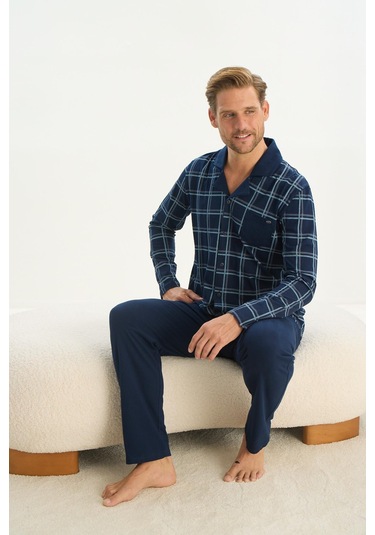 Erkek Uzun Kol Gömlek Yaka Önden Düğmeli Lacivert Pijama Takım C9t1n5o9 001