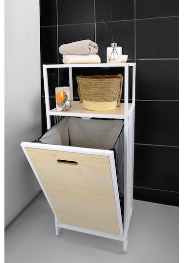 Digithome Metal Kirli Sepetli 2 Raflı Çok Amaçlı Banyo Düzenleyici Raf Organizer Akçaağaç Mrs-006 C1-1-369 Kahverengi