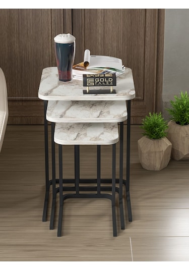 Zigon Sehpa Metal Ayak 3'lü Koltuk Yan Sehpa Zino Efes Ekru