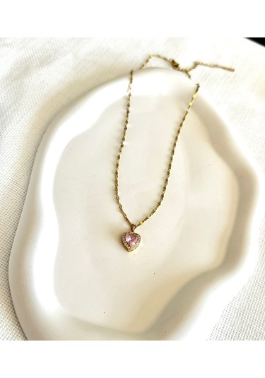 Kadın Çelik Kolye Zirkon Taş Yıldız Zincir Kalp Kararmaz Kolye Pembe