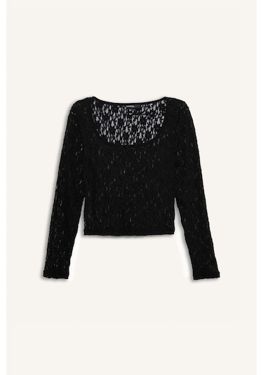 DeFacto Coool Yuvarlak Yaka Fitted Dantel Uzun Kollu Bluz E7614AX25SPBK81