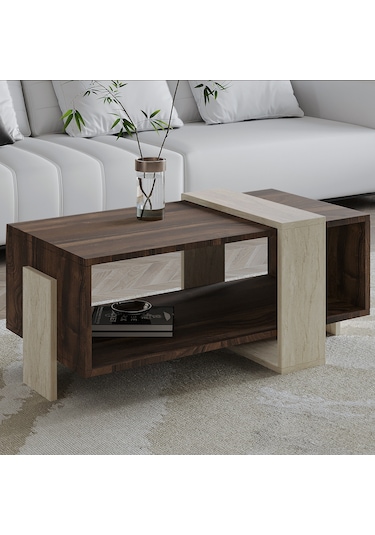 Meleni Orta Sehpa 90 Cm Modern Tasarım Raflı Traverten/ceviz