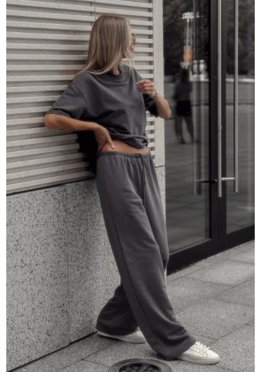 Füme Geniş Paça Basic Kadın Eşofman Altı Mg2553 Füme