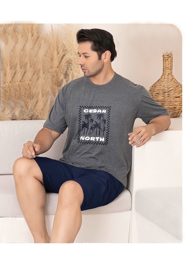 Lukitus Kısa Kol Süprem Erkek Büyük Beden Şortlu Pijama Takımı Füme