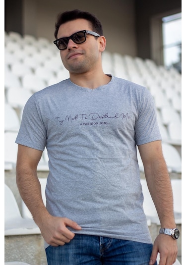 Erkek Gri El Yazısı İmza Baskı Normal Kesim Bisiklet Yaka Erkek T-shirt 22etsheyaz 001