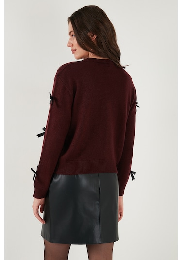 Lela Premium Regular Fit Bisiklet Yaka Fiyonk Detaylı Triko Bayan Kazak 680Kz00155 Bordo