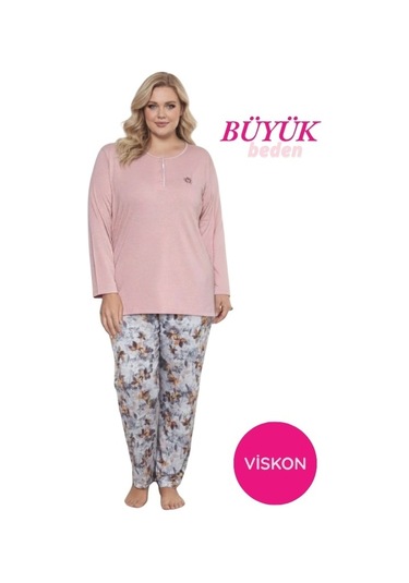 Kadın Çiçek Desen 3 Düğme Likralı Viskon Mevsimlik Büyük Beden Uzun Kol Pijama Takımı Pembe