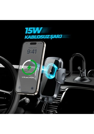 Kablosuz Şarjlı Vantuzlu Araç İçi Telefon Tutucu 15w -vakumlu