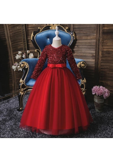 Mashotrend Kırmızı Zara Payetli Çocuk Abiye - Kız Çocuk Elbise Kırmızı