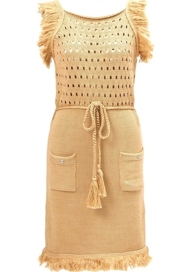 Peraluna Mıyokı Dress %100 Pamuk Diz Hizası Yazlık Kadın Triko El Bej