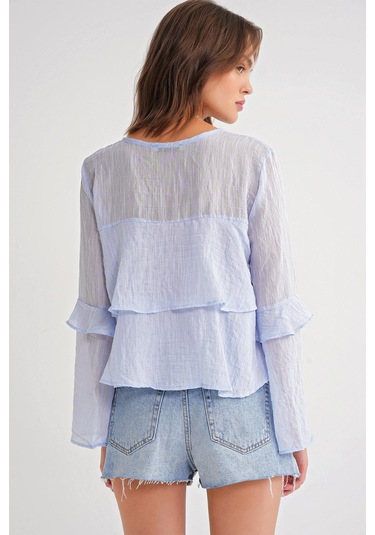 4735 Kadın Uzun Kollu Fırfırlı Bağlamalı Bluz Bebe Mavi Bebe Mavi