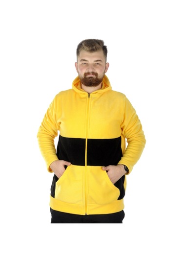 Mode Xl Büyük Beden Erkek Kapşonlu Fermuarlı Polar Hırka 22554 Hardal 001