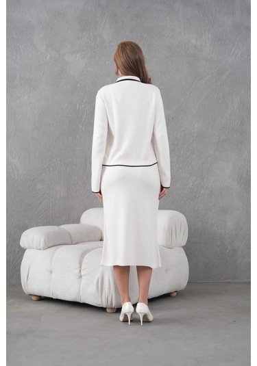 Kadın Polo Yaka Düğme Detay Ceket Uzun Etek İkili Triko Takım Taş