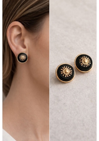 Kadın Küpe Vintage Düğme Model Gold Sun Küpe Siyah