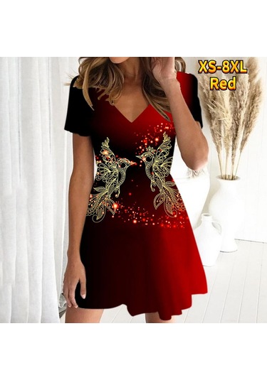 Kırmızı Yaz Modası Kadın V Yaka Kısa Kollu Altın Kuş Baskılı Elbise Seks Kısa Etek Elbiseler Kırmızı