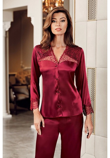 Freshness 9600-pt Saten Dantel Detay Pijama Takım Bordo