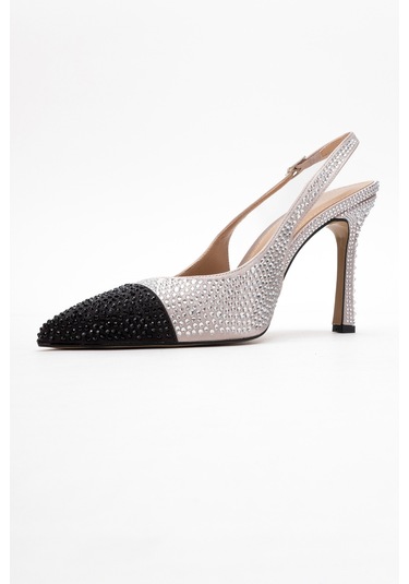 London Bej Siyah Gümüş Taşlı Kadın Yüksek Topuklu Ayakkabı Siyah - Bej