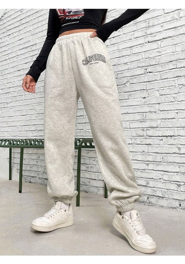 West Coast Eşofman Altı Jogger - Gri Baskılı Lastik Paça Yüksel Bel Gri