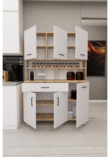 Zimbal Çok Bölmeli Dekoratif Mutfak Dolabı Atlantik Çam-beyaz Beyaz Kapak