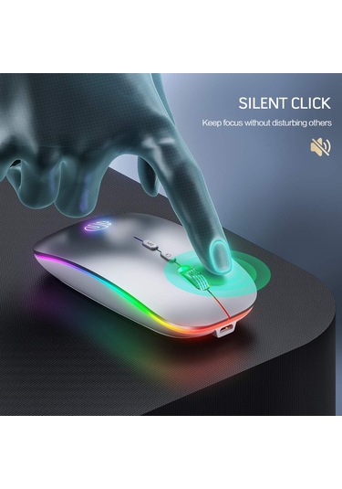 Kablosuz Şarj Edilebilir 2.4g Kablosuz Fareler Sessiz Tıklama Led Işıklı Usb Alıcı Gümüş Diğer
