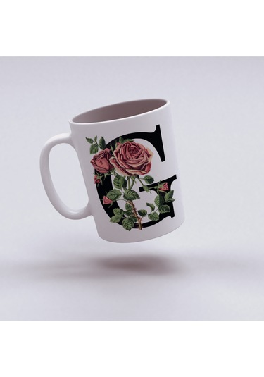 G Baş Harf Kırmızı Güller İle Sarılı Bardak 330 Ml Kişiye Özel Çiçekli Hediye Beyaz