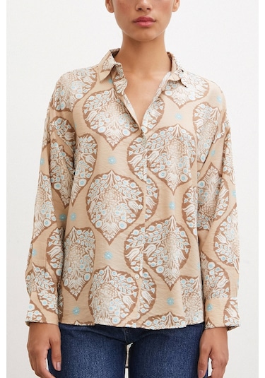 Never More Çini Desenli Modal Gömlek Kahve