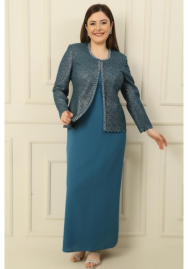 Yaka Taşlı Astarlı Uzun Krep Elbise Pullu Ceket Büyük Beden 2'li Takım-34876 Petrol Mavisi