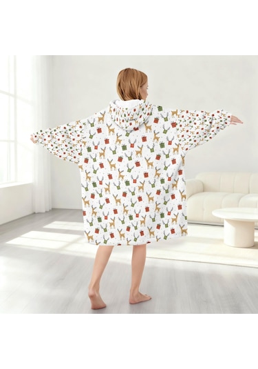 Noel Temalı 6-13 Yaş Çocuk Giyilebilir Battaniye Hoodie, Kalın Peluş, Büyük Boy Krem - Pembe