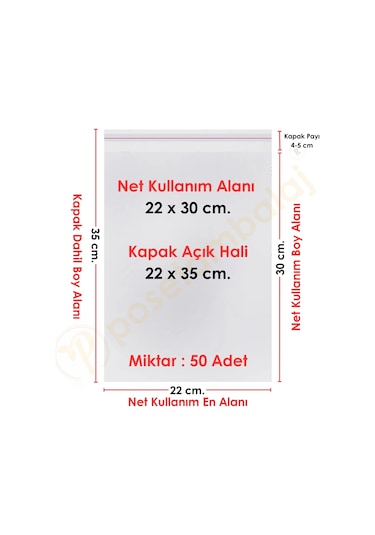 22x30+5 Cm. 22x35 50 Adet Şeffaf Bantlı Yapışkanlı Jelatin Poşet