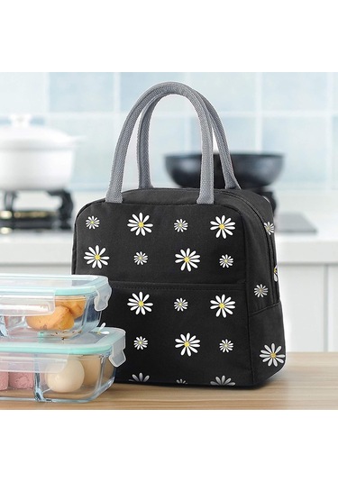 Yalıtımlı Öğle Yemeği Çantası, Papatya Desenli Taşınabilir Termal Soğutucu Çanta, Kadınlar İçin Öğle Yemeği Kutusu Düzenleyici Tote Çanta Siyah Çok Renkli
