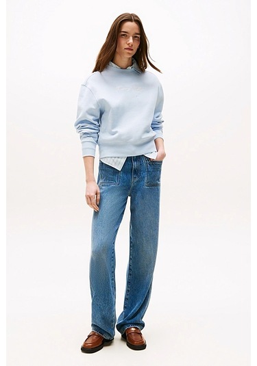 Kadın Yazı Nakışlı Bisiklet Yaka Sweatshirt - Açık Mavi Breezy Blue