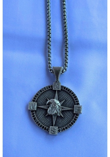 Kartal Pusula El İşçiliği Paslanmaz Çelik Zincir Erkek Kolye Gümüş