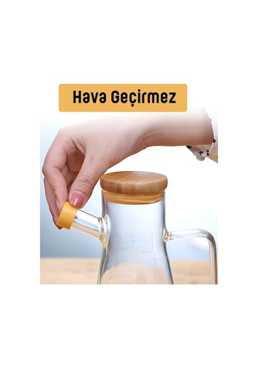 Bambu Kapaklı Cam Yağdanlık Vakumlu Ahşap Stantlı Sirkelik Sosluk