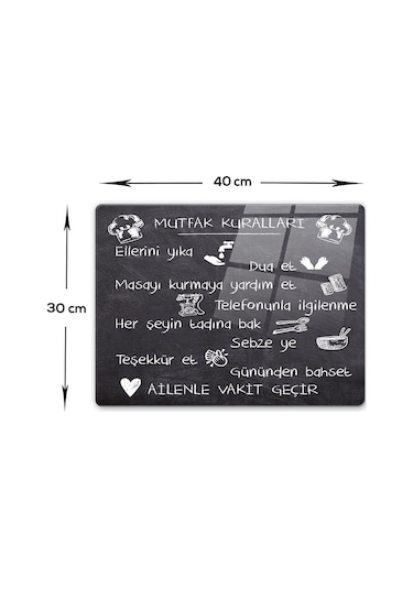 Mutfak Kuralları Kara Tahta Görünümlü Cam Kesme Tablası 30 x 40 CM