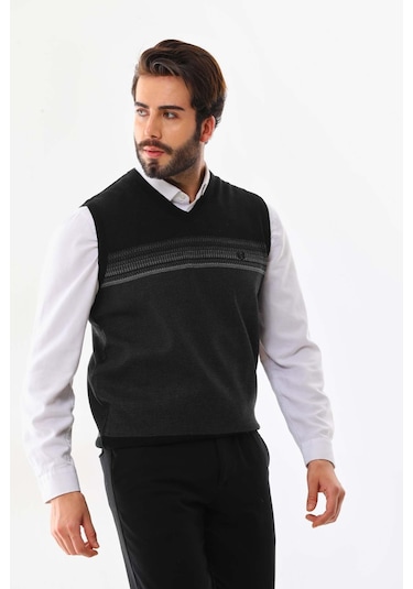 Pelikan Erkek Desenli V Yaka Süveter 9602 Siyah